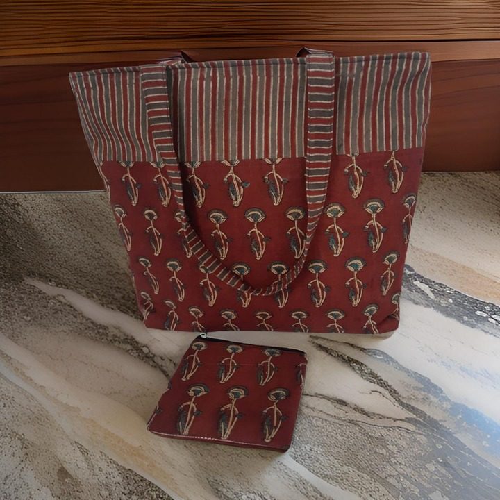 Maroon Kalamkari Tote Bag with Pouch-shgeshop